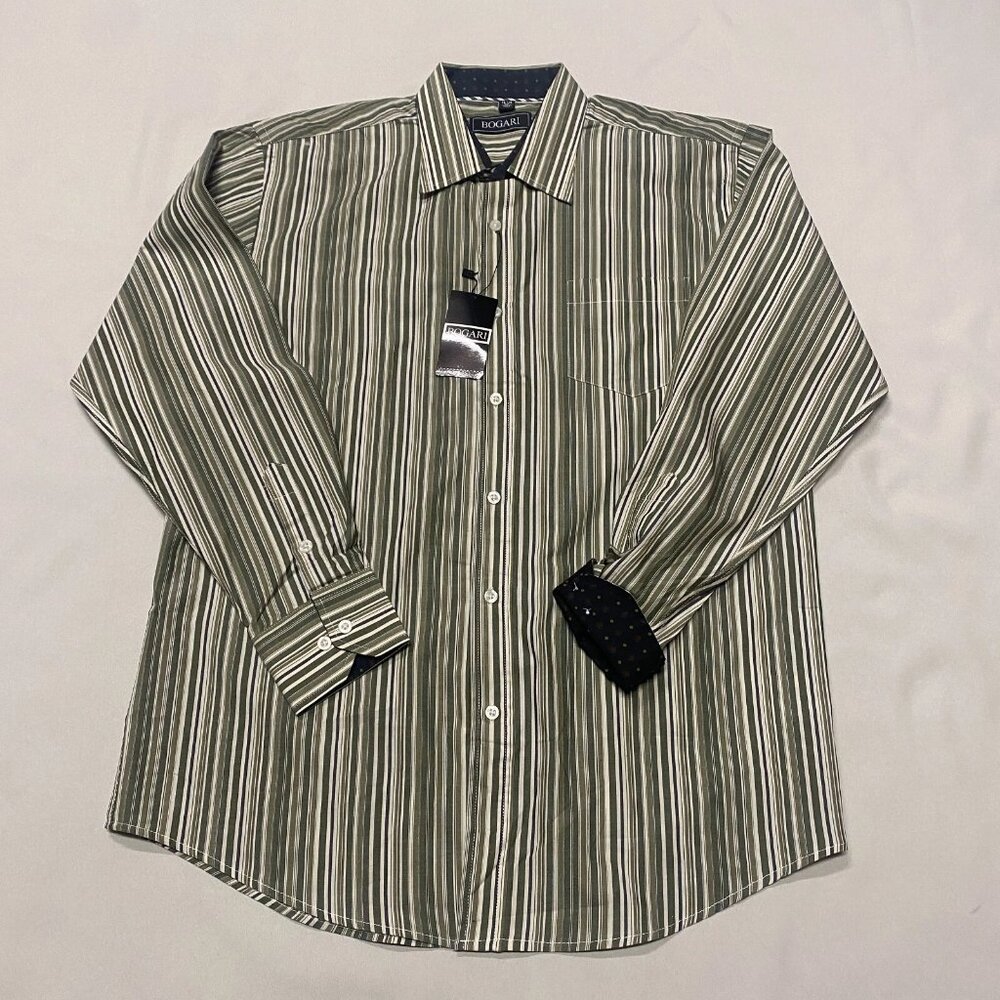 Bogari Button-Up Shirt Mens 16.5 M Green Striped Long Sleeve Career Professional